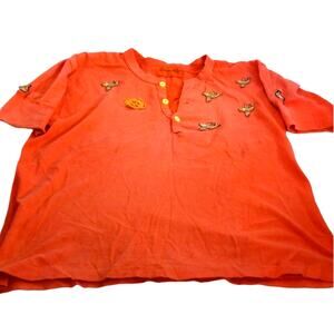 Vintage 70s Elaine Post Orange Nautical Applique Henley Tee Boho Hippie Medium
